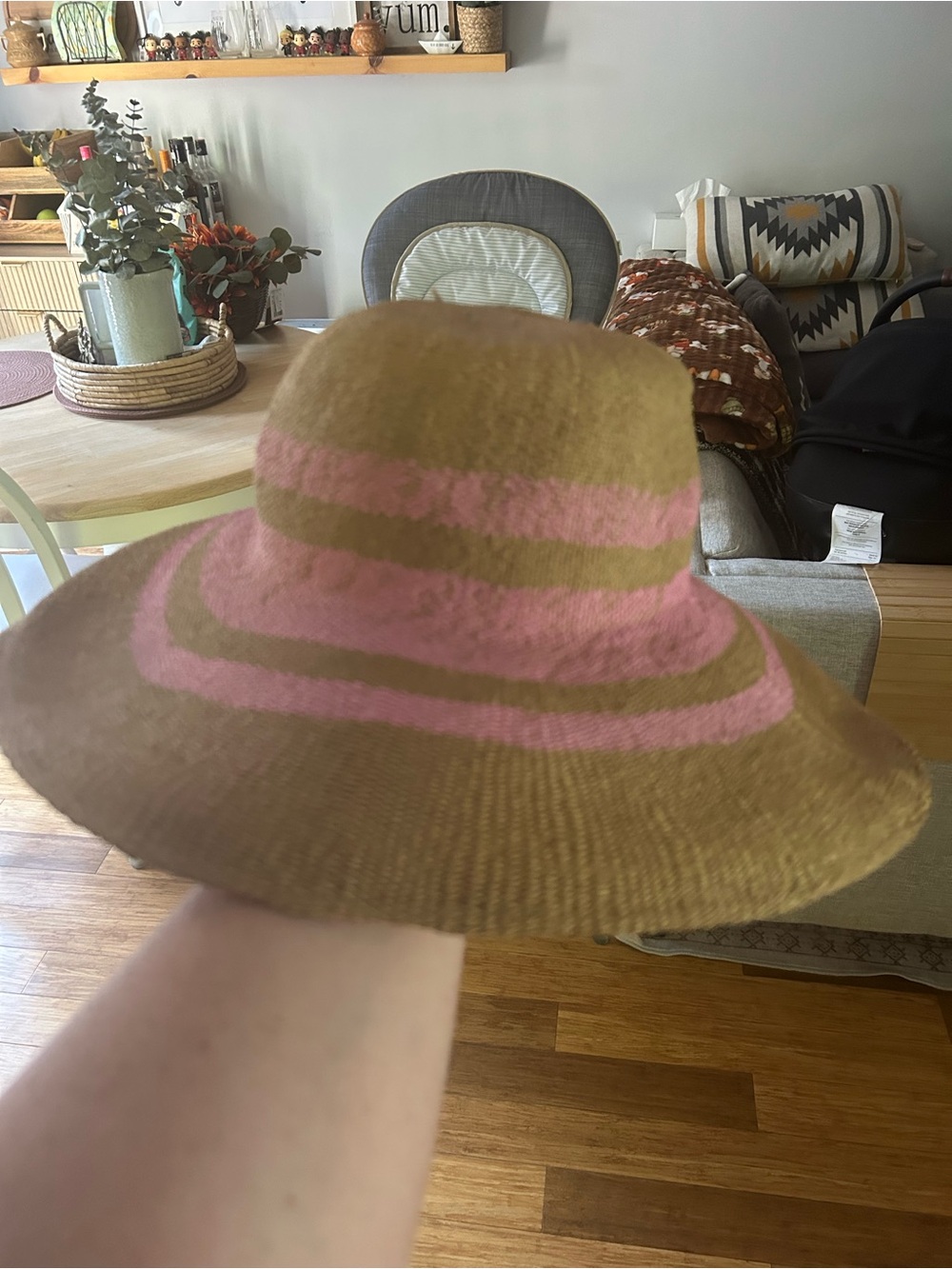 a new day Brown Straw Sun Hat with Pink Stripes